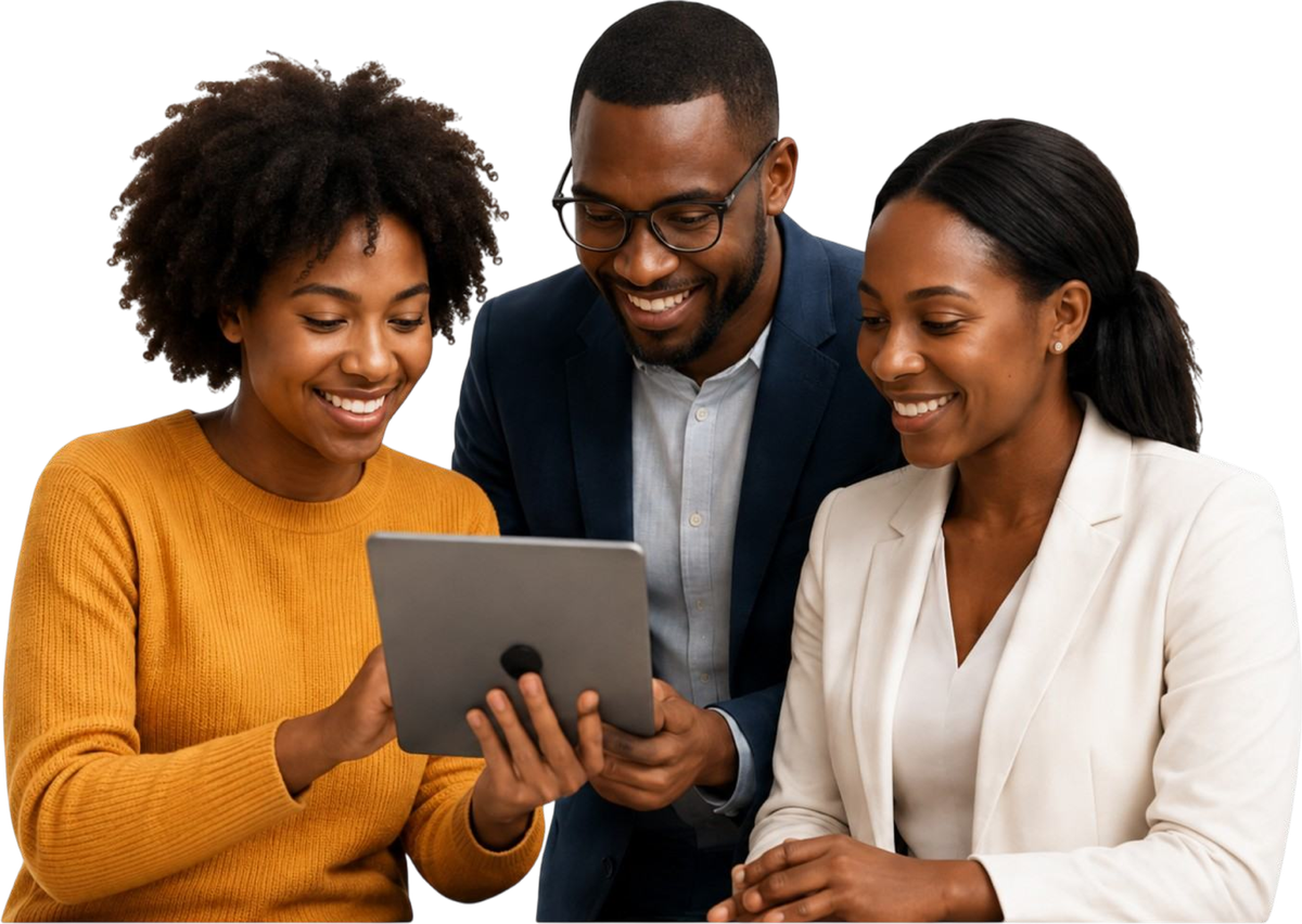 Three smiling QuickPoint team members looking at a tablet together