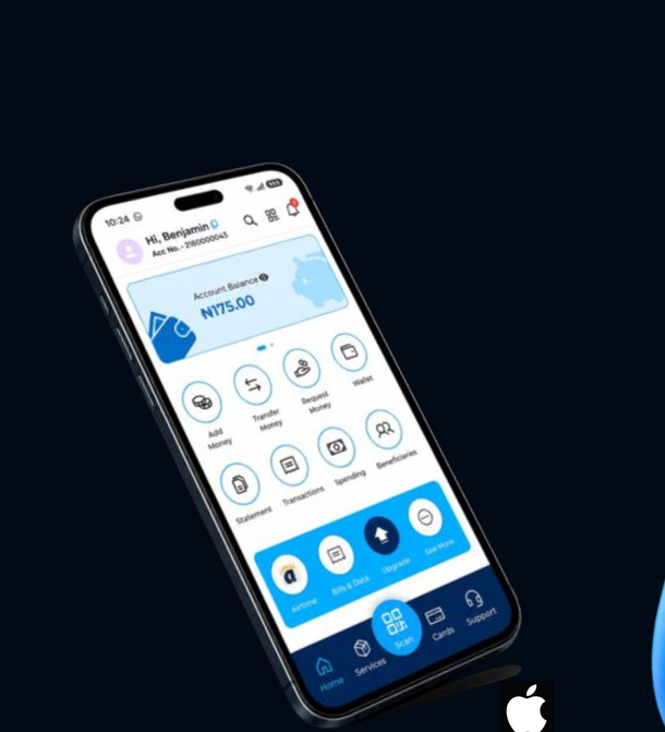 QuickPoint app showing account balance, quick actions and a personal debit card