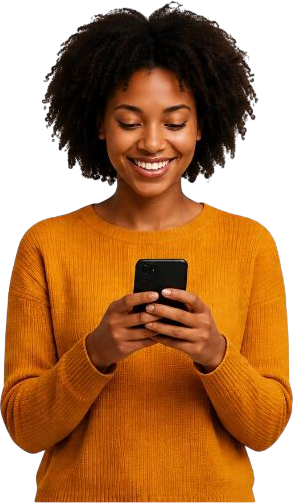 Smiling woman checking her QuickPoint balance on her phone