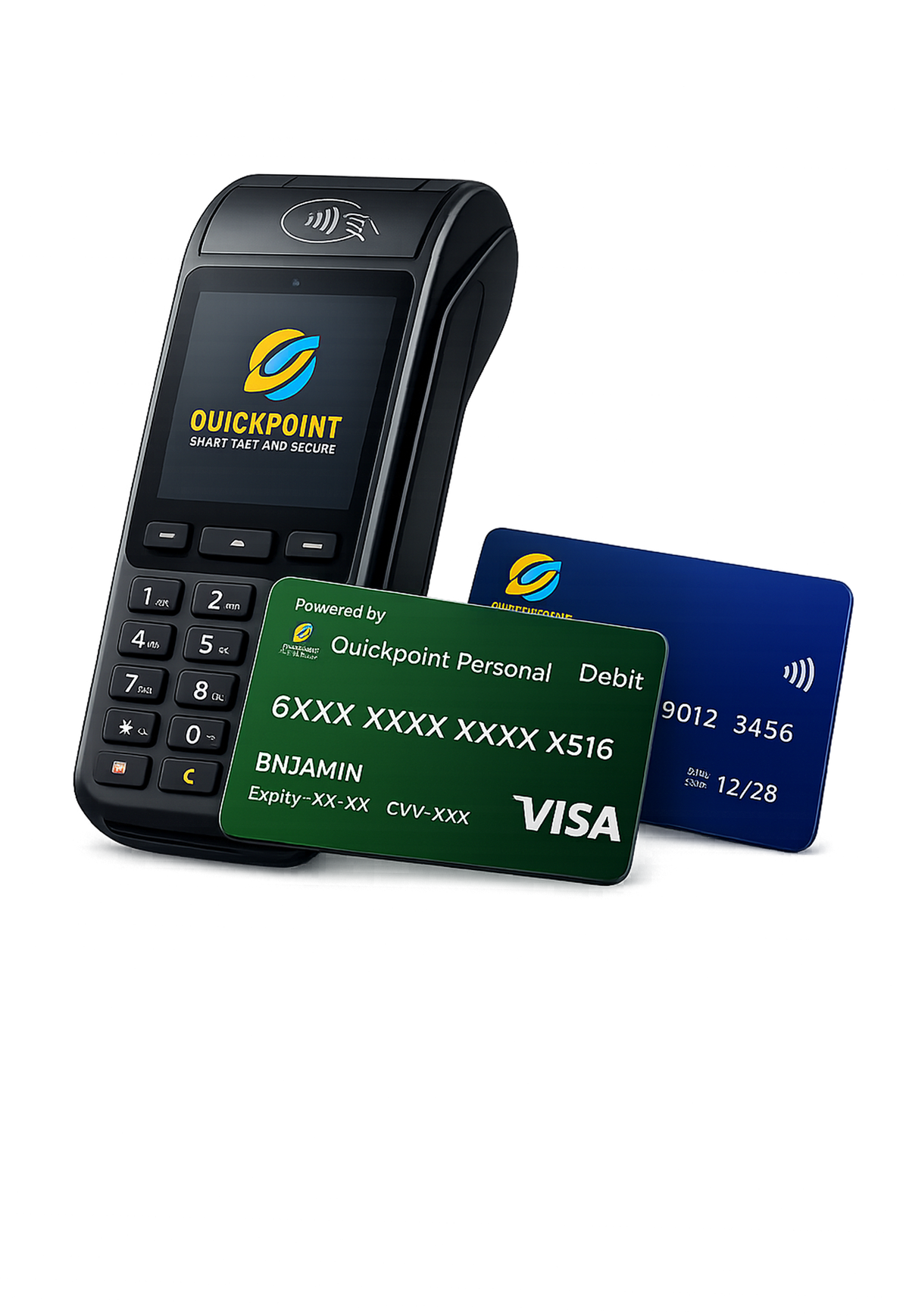 QuickPoint POS terminal with a personal debit card and business debit card